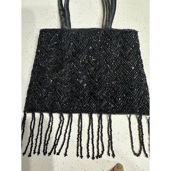 Black Beaded Evening hand bag Fringe Satin Handles Formal Party Night out - Picture 4 of 8